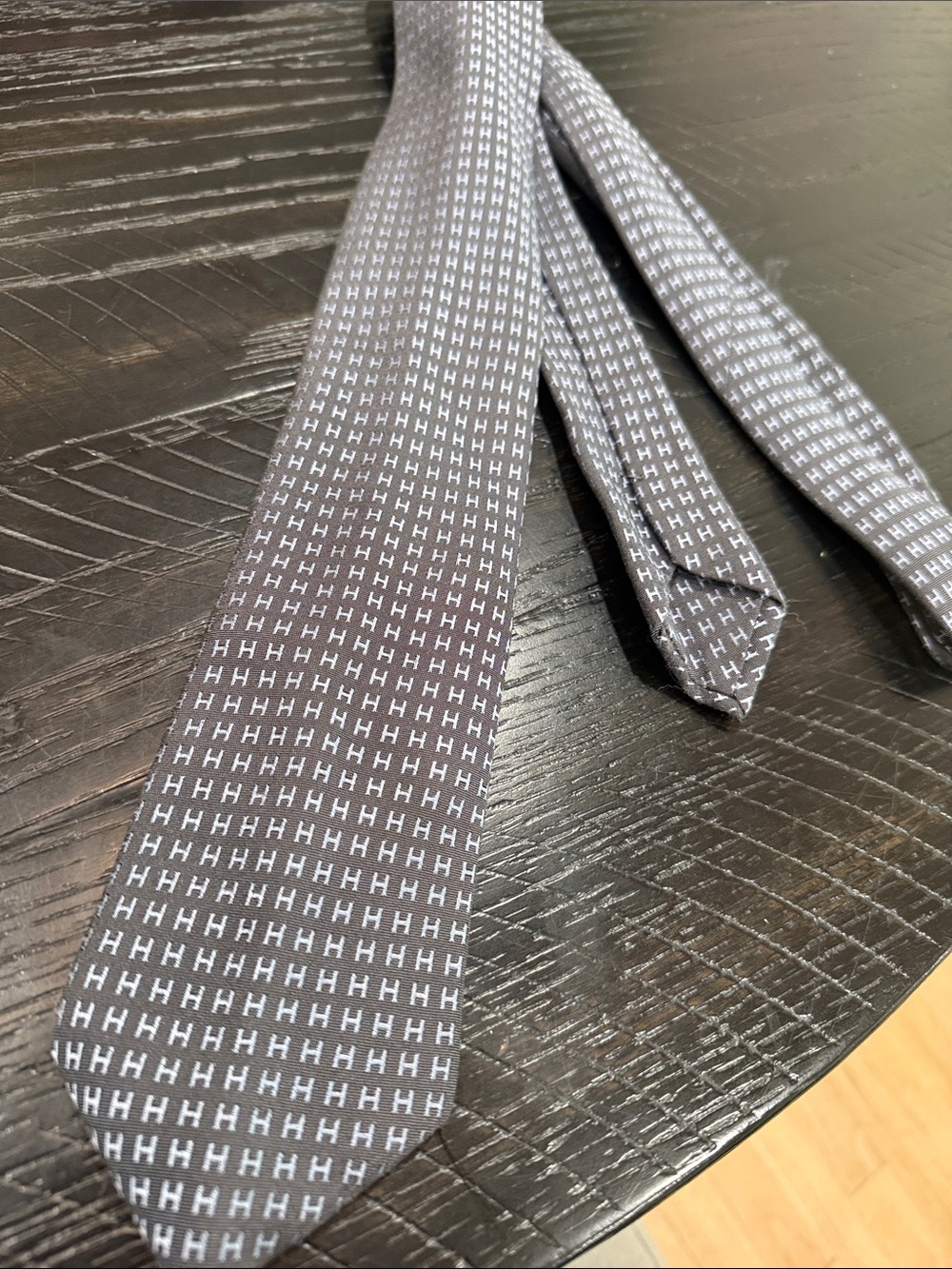 Hermes Grey Silk Tie with Repeating H Motif